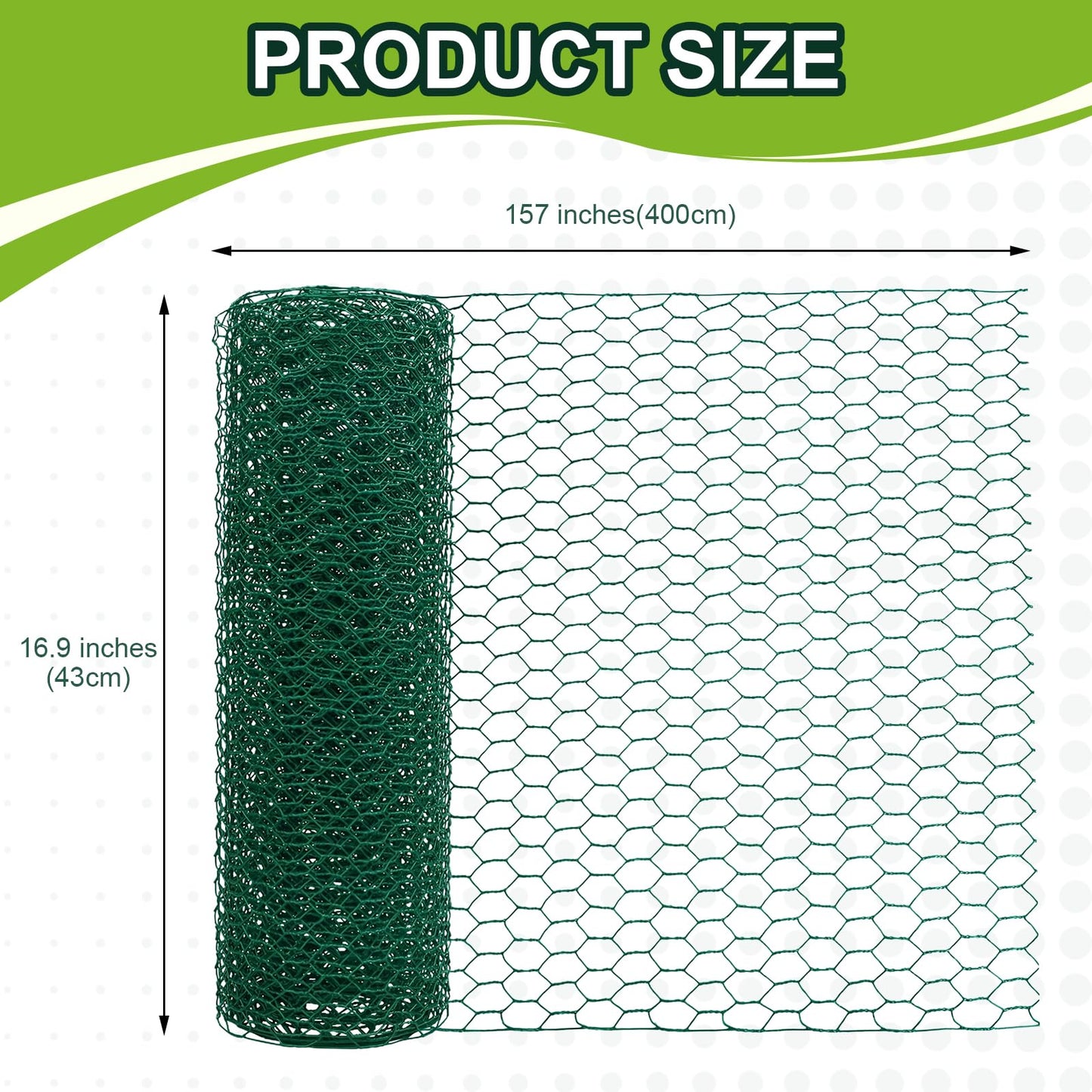 Green Floral Chicken Wire Mesh - 15.7 x 157 Inch Rustproof PVC Coated Hex Netting for Arrangements (0.6" Hex) Coated Netting Fence for Crafts Poultry, Garden