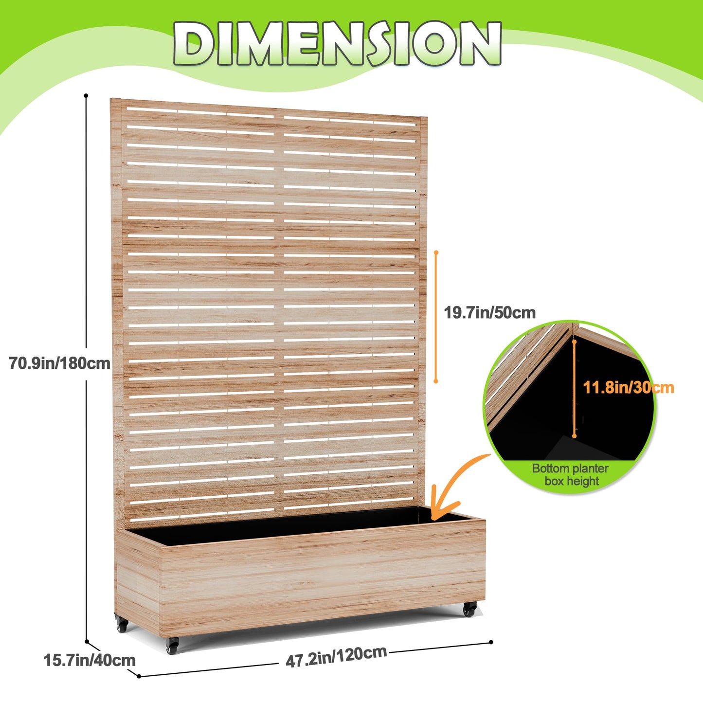 15.7"×70.9"×47.2" Metal Raised Garden Bed with Trellis and Wheels - Tall Trellis Planter Box for Climbing Plants, Vegetables & Vines - Outdoor Privacy Planters for Patio (Acacia Wood Grain)