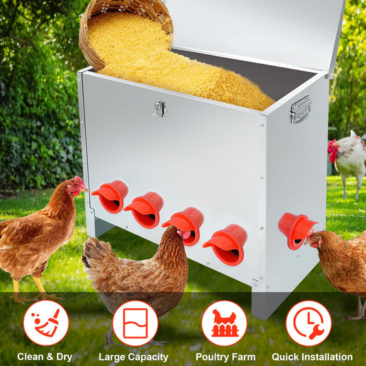 RYFT 85lbs Automatic Chicken Feeder Large Capacity, 6-Port Galvanized Metal Poultry Feeder for Chickens, Geese, Ducks, Turkeys, Quails