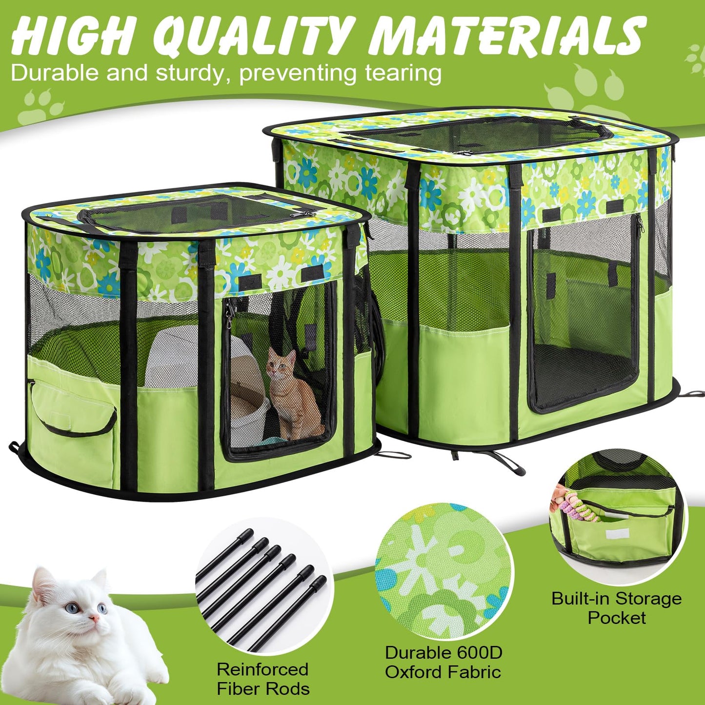 Portable Cat Playpen with Separate Areas, Foldable Indoor Outdoor Cat Enclosure, Portable Pet Tent for Kittens and Small Animals, Collapsible Tent Kennel Cage House with Tent Pegs and Carry Bag