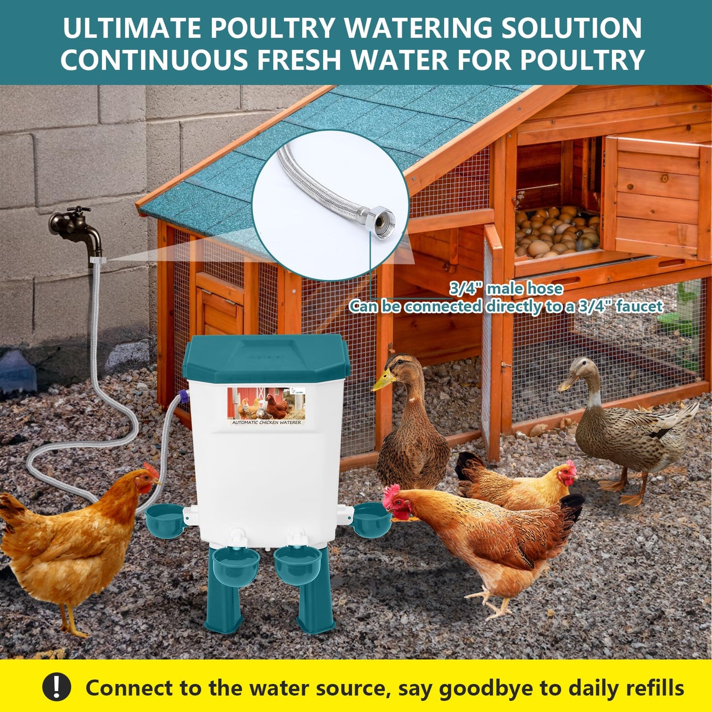 Lilyang Float-Controlled Automatic Chicken Waterer for Continuous Fresh Water, Self Filling Chicken Waterer with 60 Inch Water Hose (One End 3/4''), Suitable for Quail Duck Turkey(Blue, 2 Gallons)