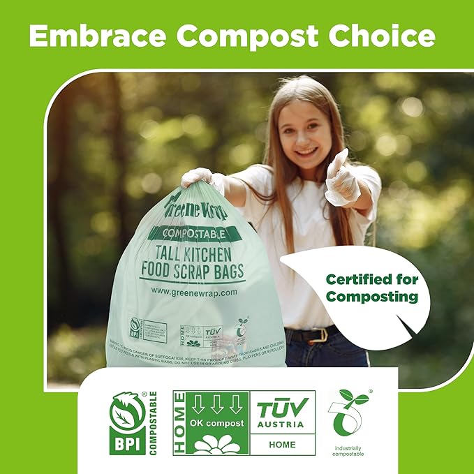 13 Gallon Compostable Trash Bags Liner with Drawstring, Heavy Duty Extra Thick 1 Mil, 49.21 Liter, 30 Bags, Tall Kitchen Food Scrap Waste Bag, BPI and OK Compost Home Certified, ASTM D6400