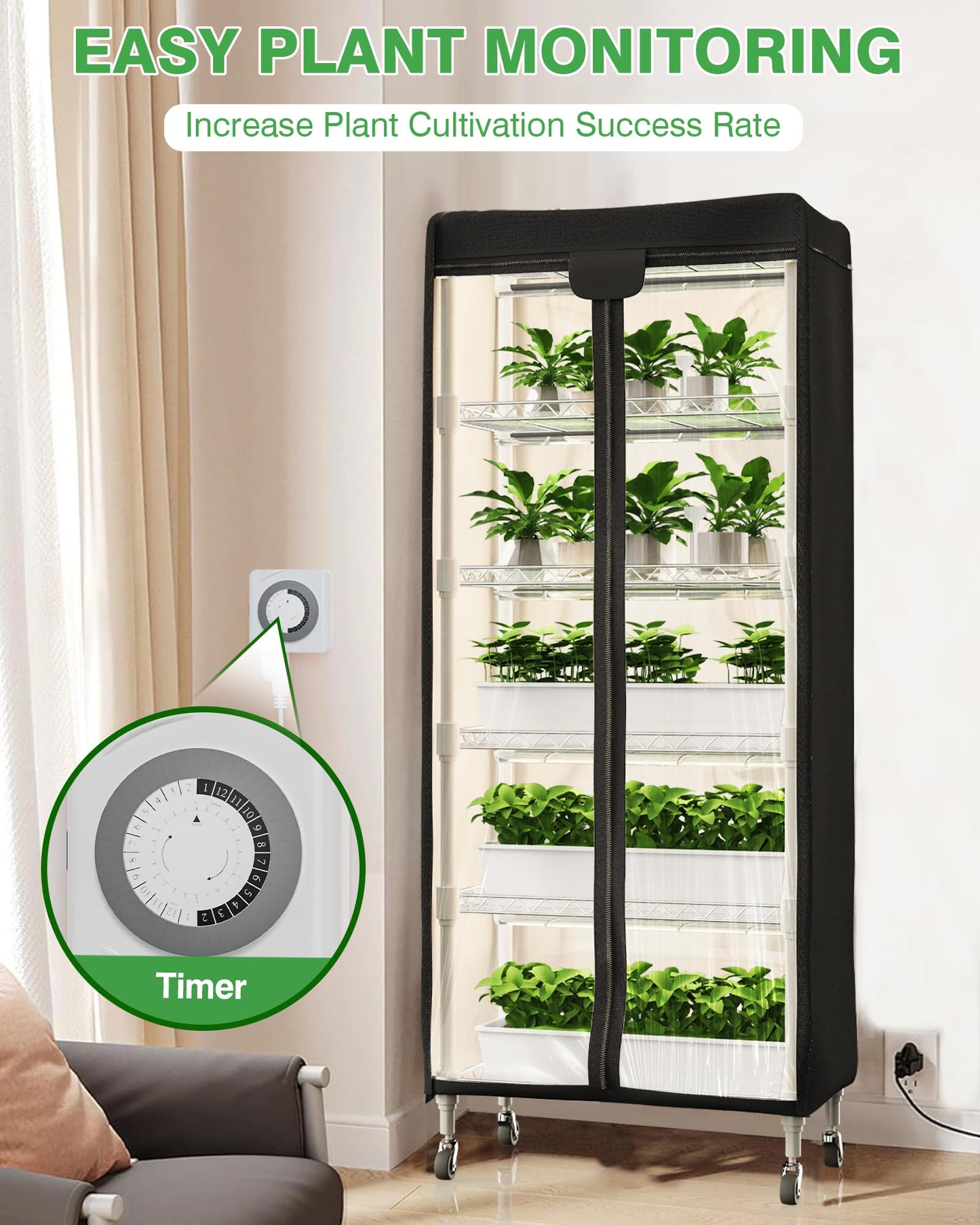 PYY Indoor Greenhouse with Grow Light - Upgrade Heavy Duty Metal 5 Tier Portable Outdoor Plant Green House Cabinet with Wheels, 600D Oxford Tent Cover, 60W PPFD T8 LED, Timer, Thermometer,Black