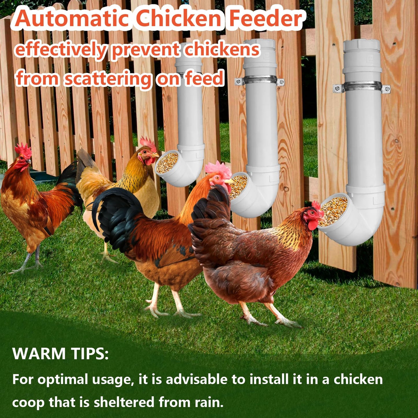 3Pack Automatic Chicken Feeder, PVC Pipe Hanging with Lid Hanging, for Chicken Poultry Feeder, Easy to Install and Clean