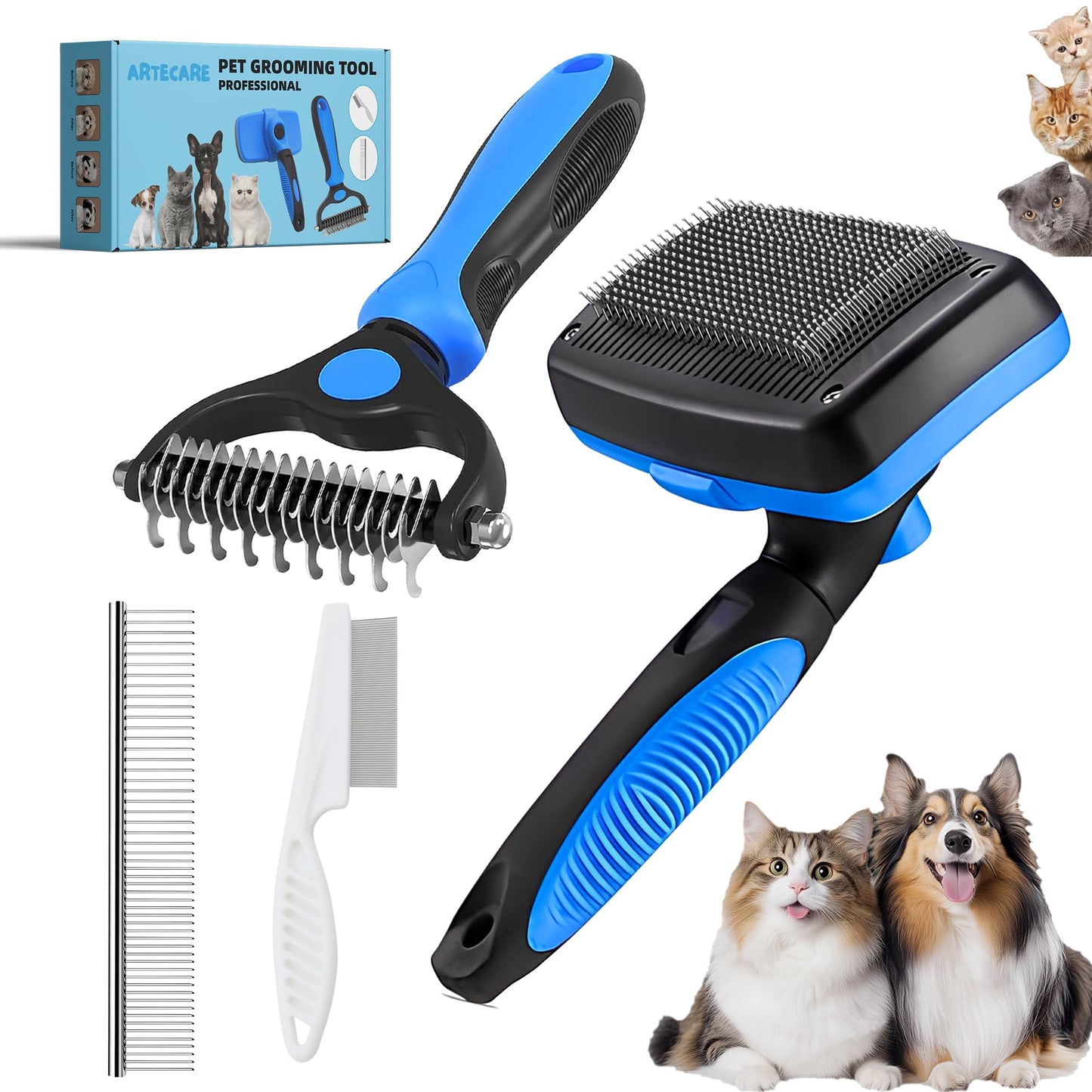 Artecare 4 in 1 Skin Friendly Grooming kit including Dematting Rakes,Self Cleaning Slicker Brush,Deshedding Brush,Flea Comb for Haired cat Dog and Small Animals.
