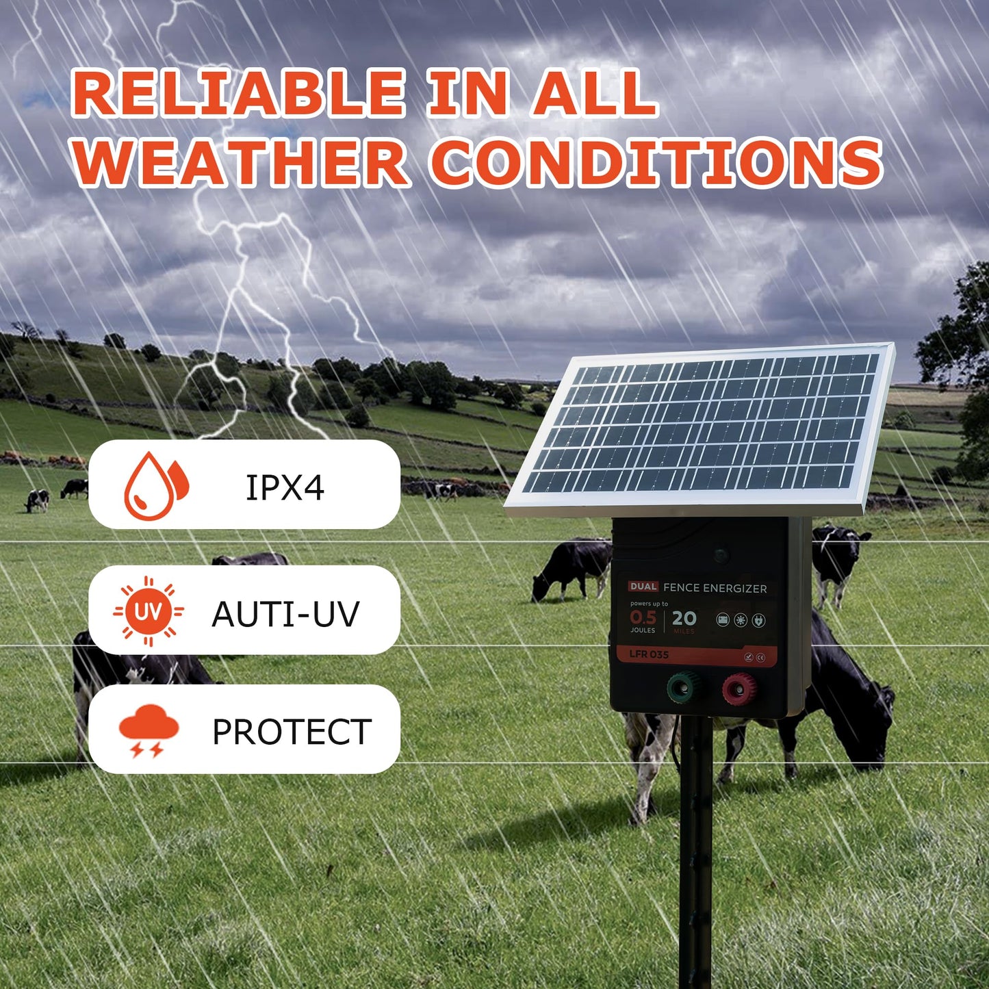 20 Miles Solar Electric Fence Charger, 0.5 Joule Portable Solar Fence Charger, Solar Electric Fence Kit, with 10W Solar Panel for Livestock, Preventing Predators from Intruding