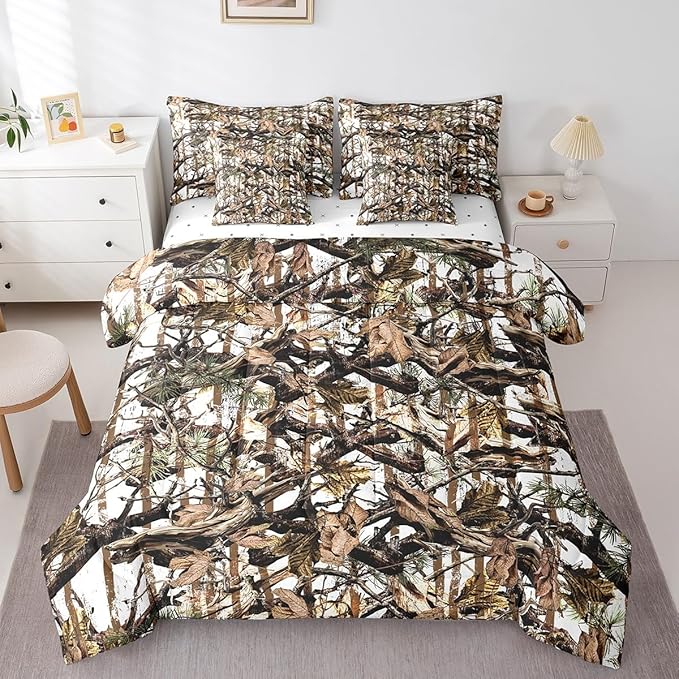 Feelyou Tree Branches 7 Pieces Bedding Set, for Kids Wild Hunting Bed Set Full Size Botanical Tree Bed in a Bag with Comforter, Sheets, Pillowcases Bedroom Decor Nature Theme White Brown