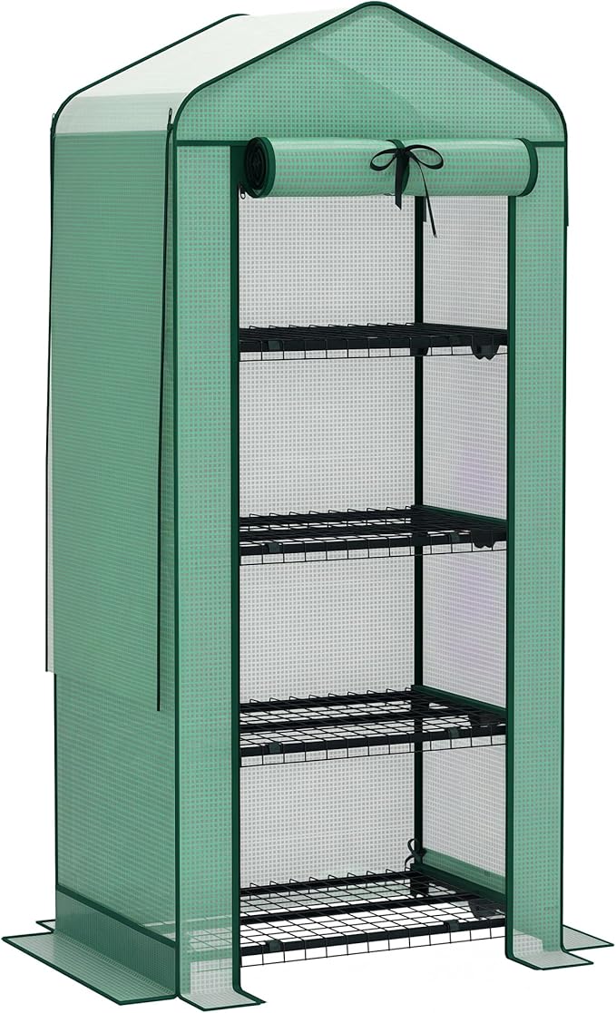 Outsunny 4 Tier Mini Greenhouse with Screen Roof, 27.6" x 19.7" x 62.2", Portable Small Greenhouse with High Strength PE Cover, Roll-Up Zipper Door for Garden Yard Backyard, Green