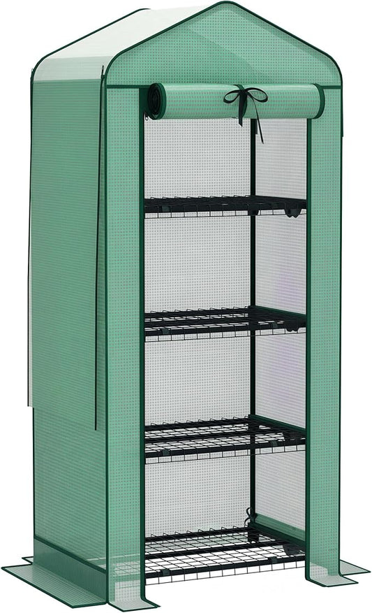 Outsunny 4 Tier Mini Greenhouse with Screen Roof, 27.6" x 19.7" x 62.2", Portable Small Greenhouse with High Strength PE Cover, Roll-Up Zipper Door for Garden Yard Backyard, Green