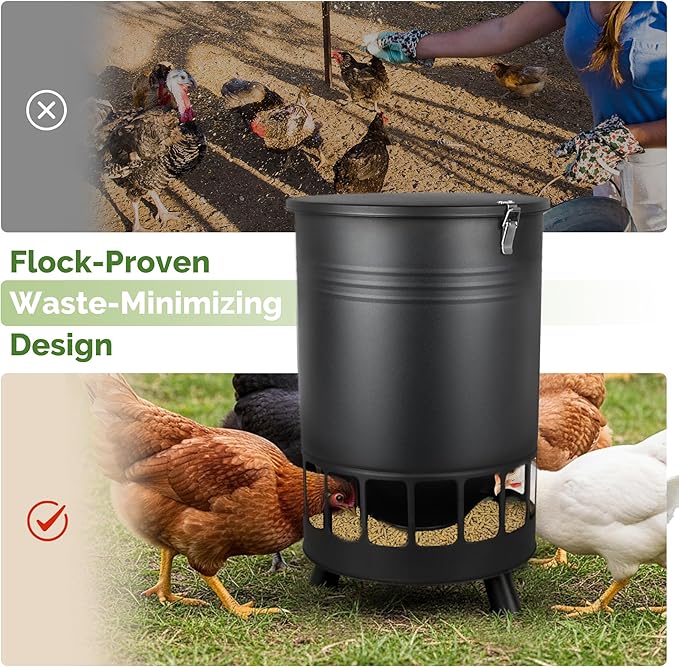 Solution4Patio 50LB No-Waste Chicken Feeder, Large Capacity Gravity Dispenser with Spill Control & 16 Feeding Ports Poultry Feeder for Outdoors & Hen Coop (Black)
