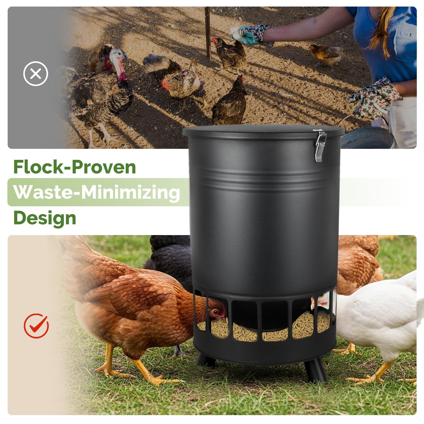 Solution4Patio 50LB No-Waste Chicken Feeder, Large Capacity Gravity Dispenser with Spill Control & 16 Feeding Ports Poultry Feeder for Outdoors & Hen Coop (Black)