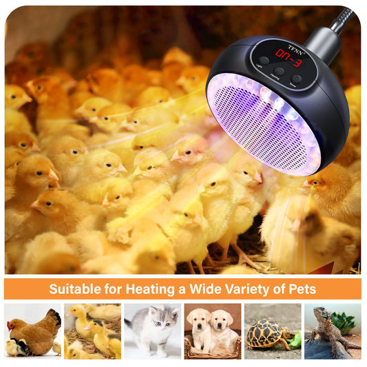 TFNN Heat Lamp for Chickens with Holder，200W-350W-500W Reptile Heating Lamp with UVA UVB Ligh 3-6-9-12H Timer, Protable Greenhouse Heater for Outdoor Chicken Coop Indoor Reptile Rabbits Dog Cats