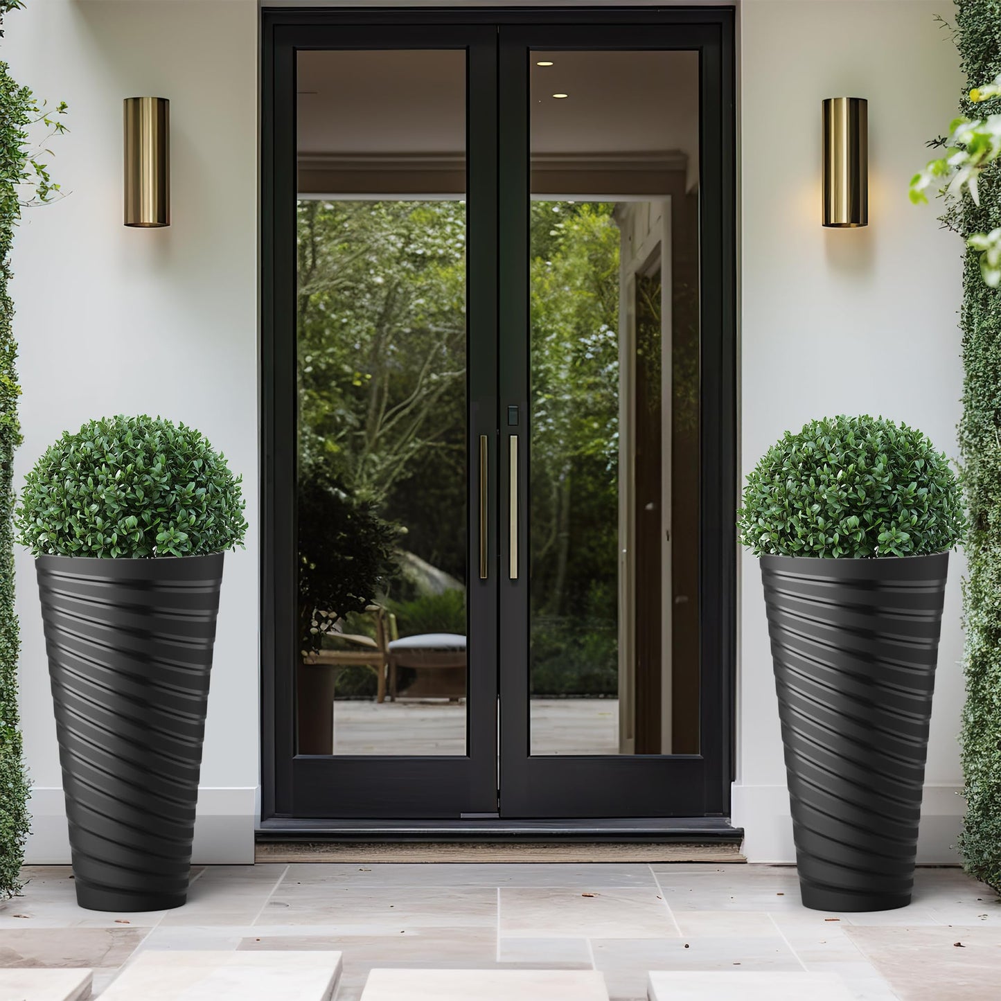 Kante 29 Inch Tall Planter Set of 2, Round Spiral Textured Flower Pots, Decorative Plant Pots for Outdoor Indoor Garden Patio Front Porch (Black)