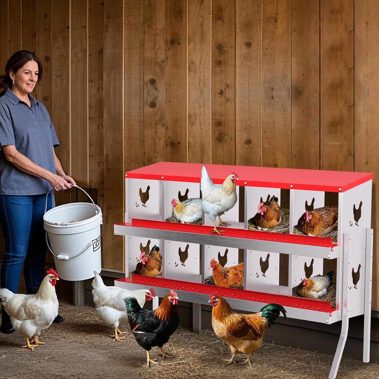 Chicken Nesting Boxes, 10-Hole Metal Nesting Box with Perch & Roll-Away Egg Design – Wall Mount or Freestanding Laying Box for Hens, Ducks, Quail (Heavy-Duty Galvanized Steel),Red. 1
