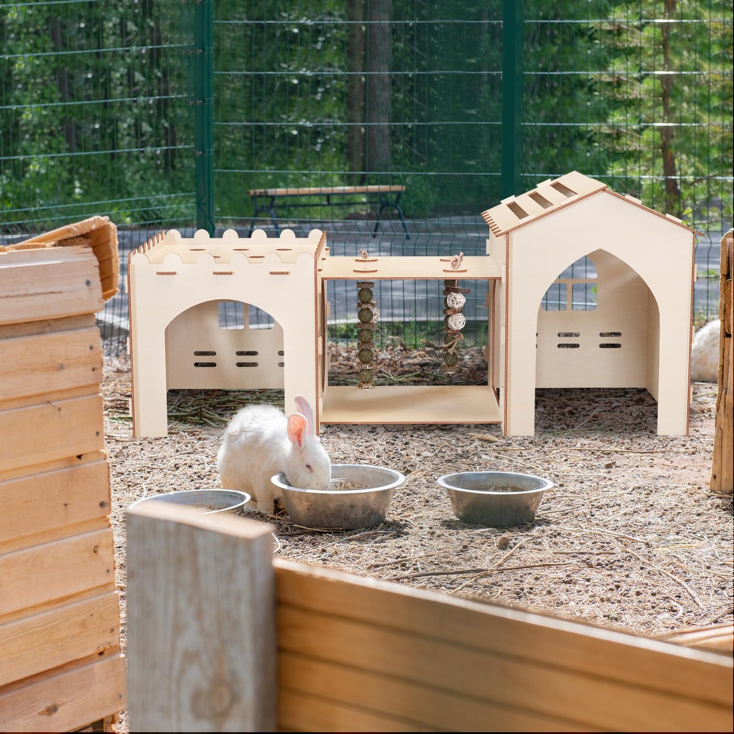 Woiworco Extra Large Rabbit Castle Hideout Bunny House with 3 Houses and Toys, Wooden Bunny Hideout Indoor Large Rabbit Hutch Play Houses and Hideouts Nut Castle Hamsters and Guinea Pigs Hut to Hide