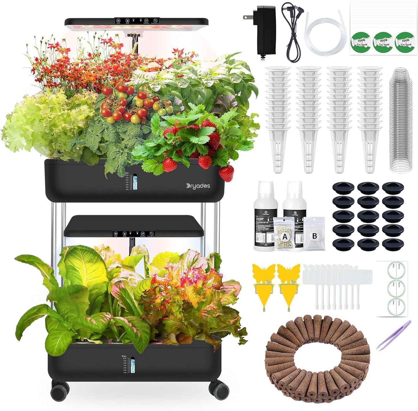 DRYADES 44-Pod Indoor Hydroponic Growing System + 3 Free Seeds Starter Kit (Lettuce, Salad Mixed, Basil Seeds) – Dual 53W Full-Spectrum LED, 10-L Water Tank, 2-Tier Grow Pods