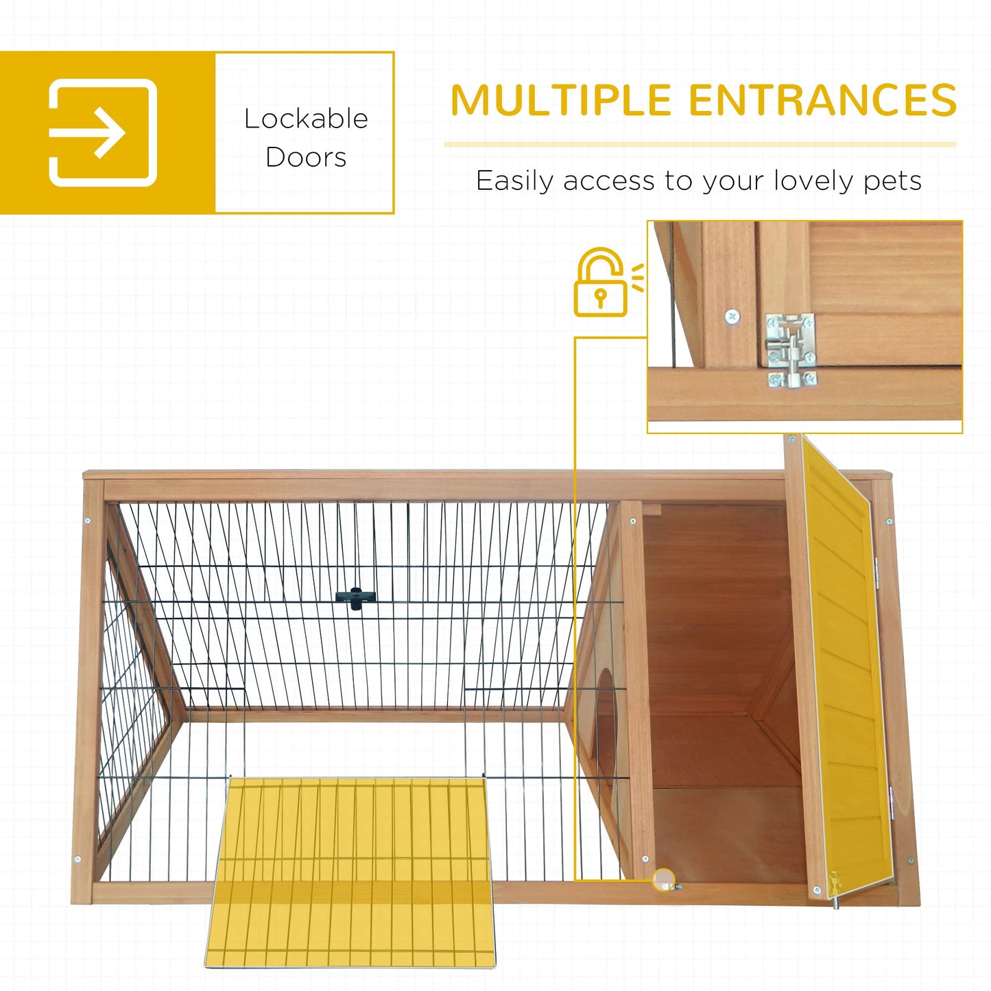 PawHut 46" x 24" Wooden A-Frame Outdoor Rabbit Hutch, Small Animal Cage, Bunny Hutch with Outside Run & Ventilating Wire, Yellow