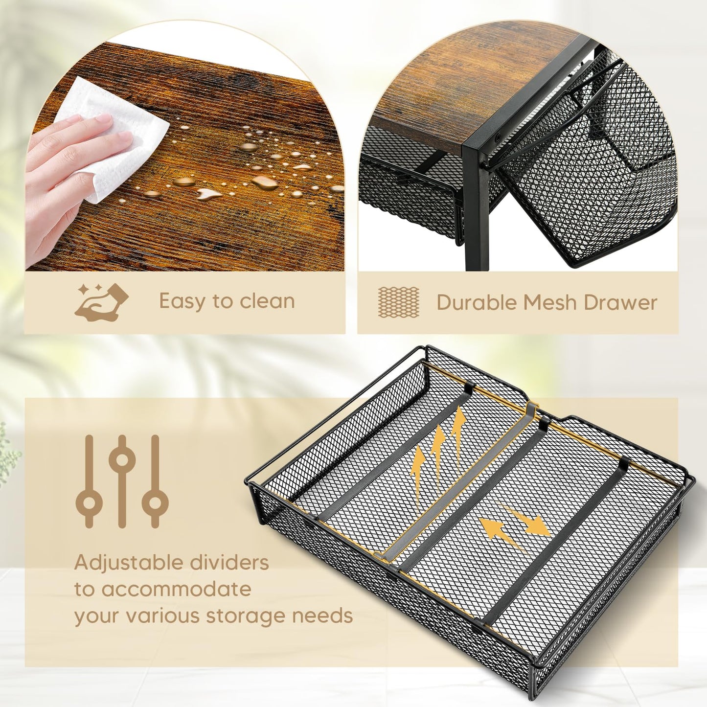 DGWJSU Tea Bag Organizer, Wood Tea Organizer and Storage Cheast, Tea Bag Holder with Storage Drawer, 4 Hooks for Tea Cups Holder, Tea Station Chest Display Container Box for Countertop Kitchen, Brown