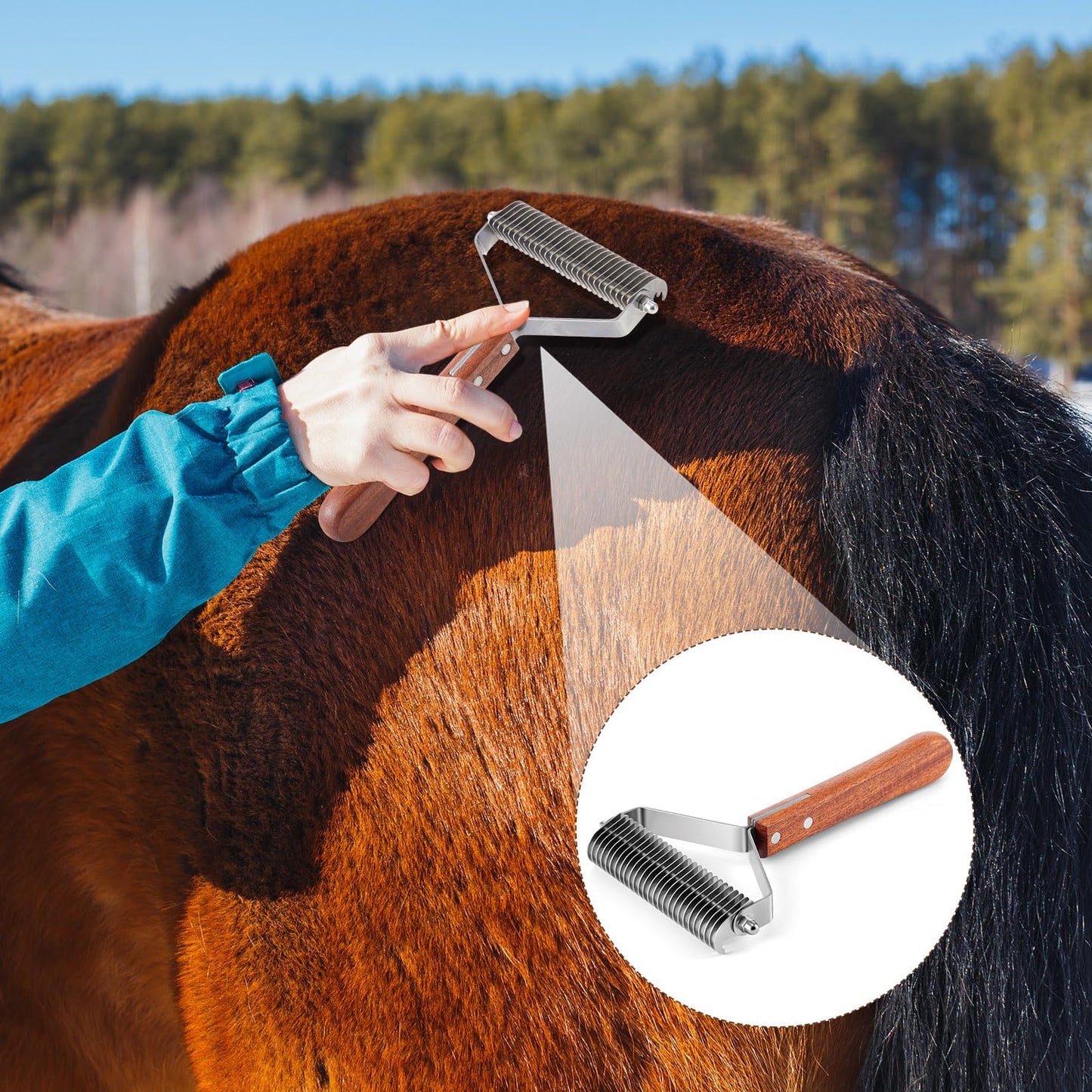 Abbylike Large Horse Brush Deshedding Tool Horse Goats Cow Brush for Shedding Cattle Livestock Comb for Grooming Dematting Supplies with 27 Stainless Steel Blades and Wood Handle