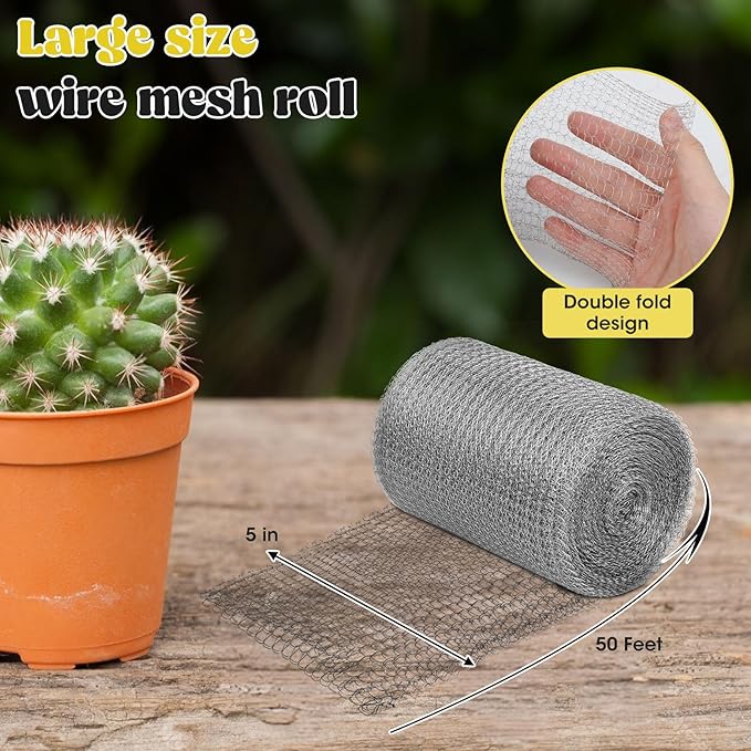 Wanqueen Wire Mesh Roll for Mice Control, 5'' * 50Ft Stainless Steel Copper Mesh Rodent Rat for Gap Wall Hole Filler, Flexible Metal Rodent Proof Wire Mesh for Garden and House