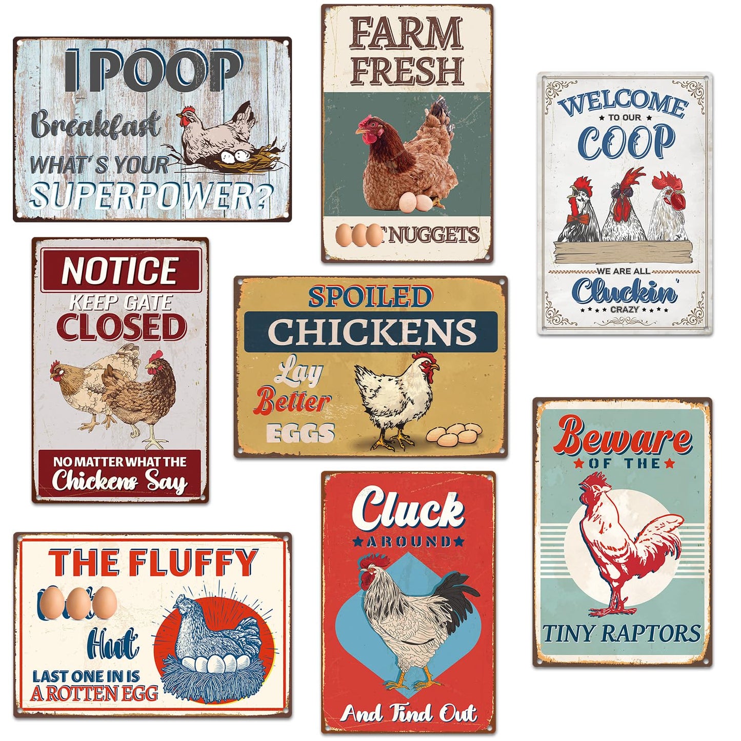 Yoyuspy Funny Chicken Coop Decor, 8PCS Metal Chicken Coop Signs Accessories Outdoor, Farm House Personalized Gifts for Yard Fence Decor 12x8 Inches