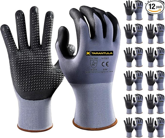 Tarantula Safety Work Gloves MicroFoam Nitrile Coated 12 Pairs,Endurance Seamless Knit Nylon,Dots on Palm,Dot Grip Gloves,Medium