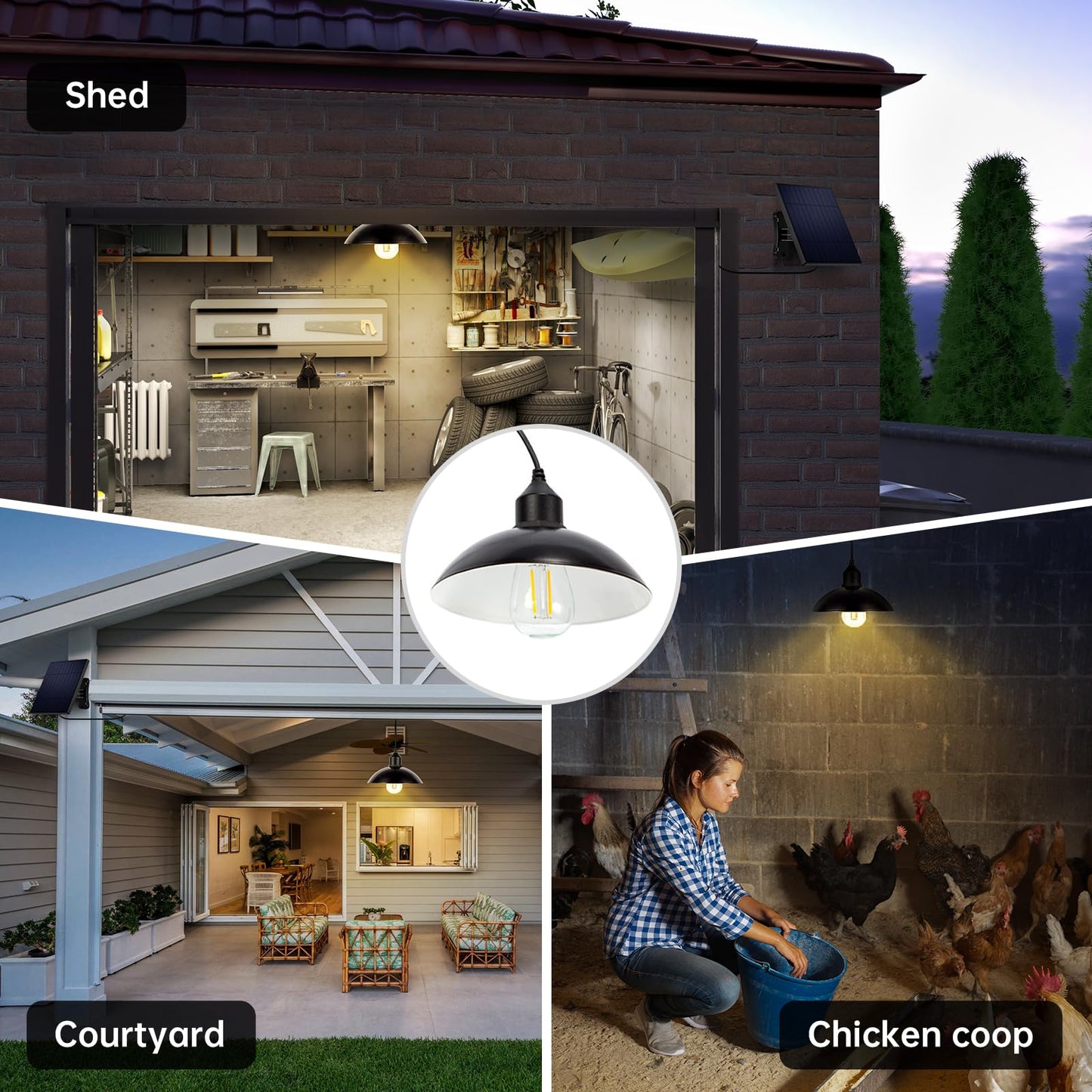Solar Light for Chicken Coop Classical Bulb with 9.8FT Cord Solar Pendant Lights Outdoor Dusk to Dawn Waterproof for Shed, Indoor, Playhouse