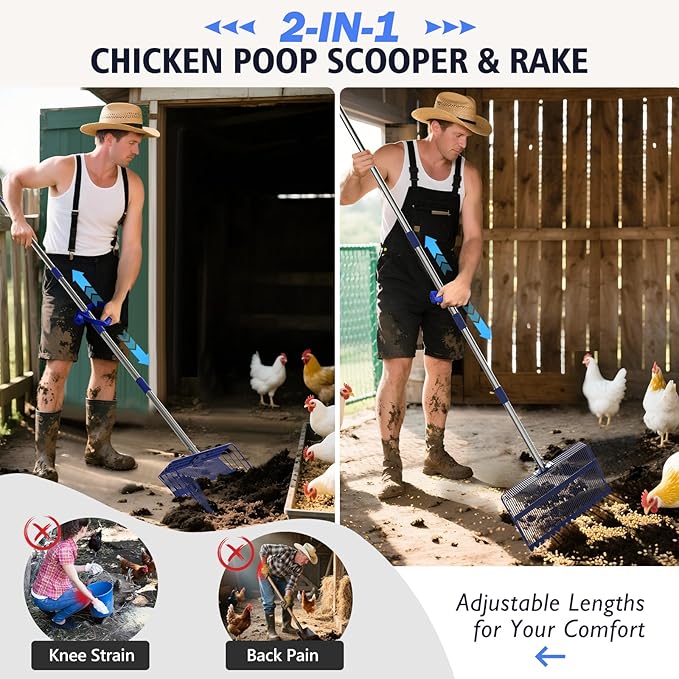 Chicken Poop Scooper & Rake 2-in-1 with Ergonomic Grip, Metal Chicken Coop Scoop for Sand with Adjustable 38”-77” Stainless Steel Handle, Extra Wide 15” Sifting Shovel Cleaning Tools
