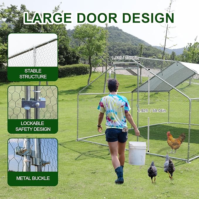 Large Chicken Run Metal Chicken Coop, Outdoor Dog Kennel with Roof Waterproof Anti-UV Cover Secure Lock for Outside Backyard Farm(13.1' L x 9.8' W x 6.56' H)