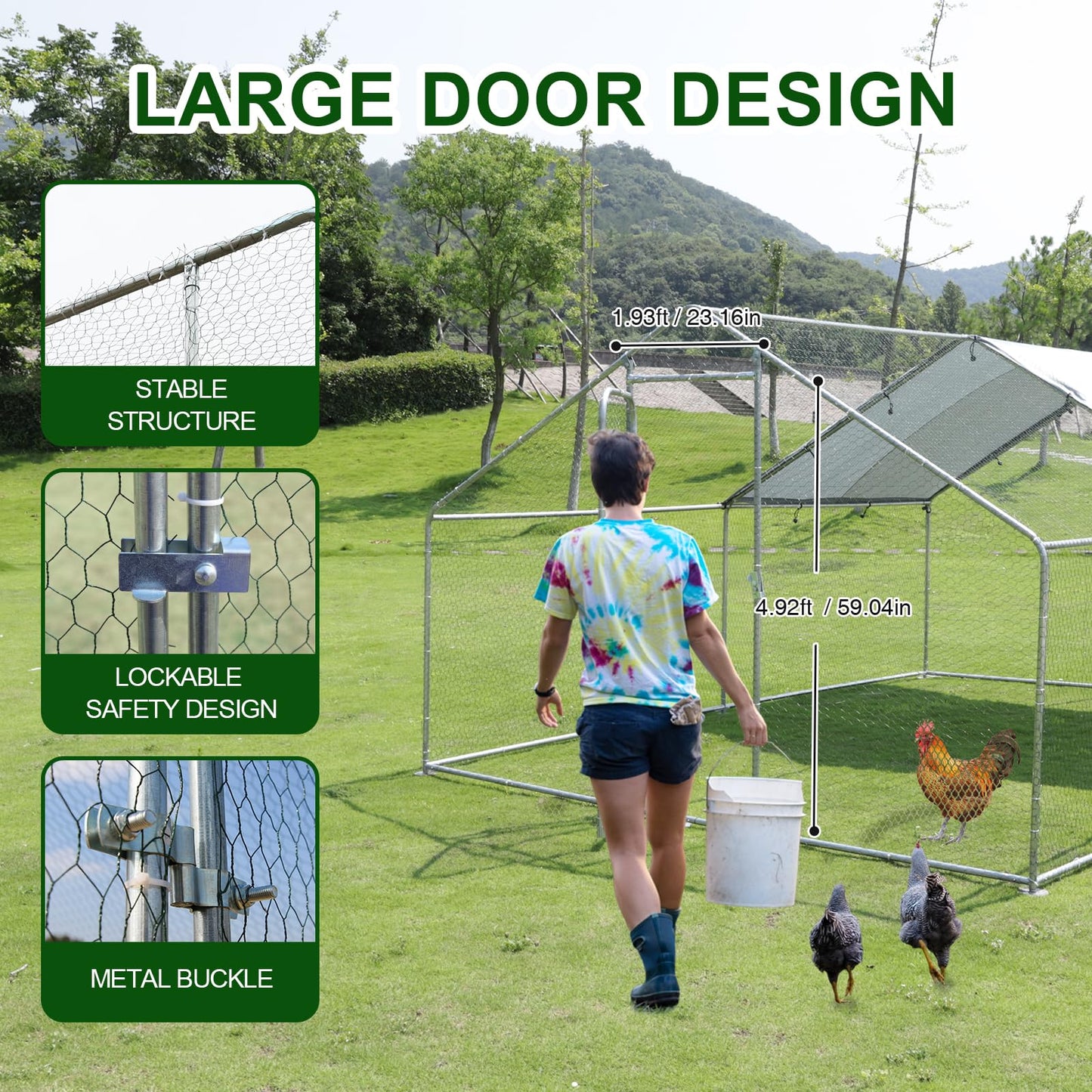 Large Chicken Run Metal Chicken Coop, Outdoor Dog Kennel with Roof Waterproof Anti-UV Cover Secure Lock for Outside Backyard Farm(13.1' L x 9.8' W x 6.56' H)