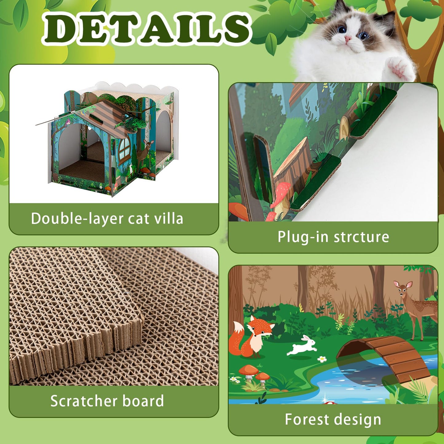Lineshading Multi Level Cardboard Cat House with 3 Scratchers Forest Theme Large Sturdy Cat Villa 17"x12"x10" Cute Pet Condo Beds Toys Hideout for Bunny Small Animals Birthday Forest Theme Party