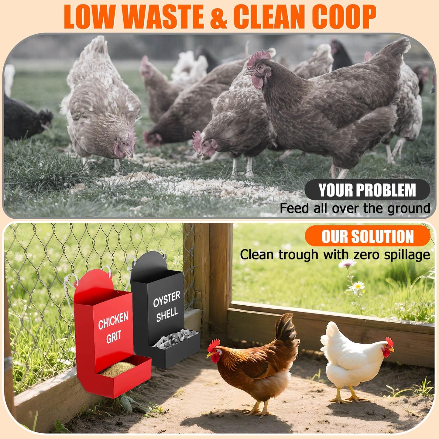 2PCS Chicken Grit Feeder Oyster Shell Feeder, Heavy Duty Metal Automatic Chicken Feeders, No Waste & No Mess, Gravity-Fed Chicks Food Dispenser Hanging Poultry Feeders for Coop Ducks, Pigeons, Doves