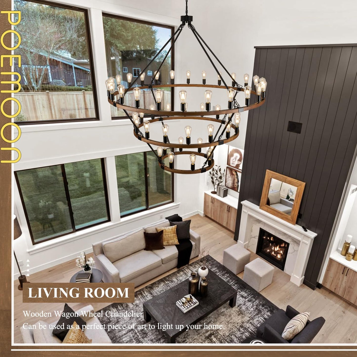Extra Large 63'' Wooden Wagon Wheel Chandelier Farmhouse 3 Tier 48 Lights Black Rustic Round Wood Pendant Light Fixture for High Ceiling Living Dining Room Foyer Villa Staircases
