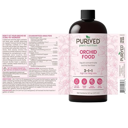 Purived 16oz Orchid Liquid Fertilizer - Makes 50 Gallons, Boosts Blooms & Root Strength, Ideal for Phalaenopsis, Dendrobium & More, Supports Vibrant, Long-Lasting Flowers, Made in USA