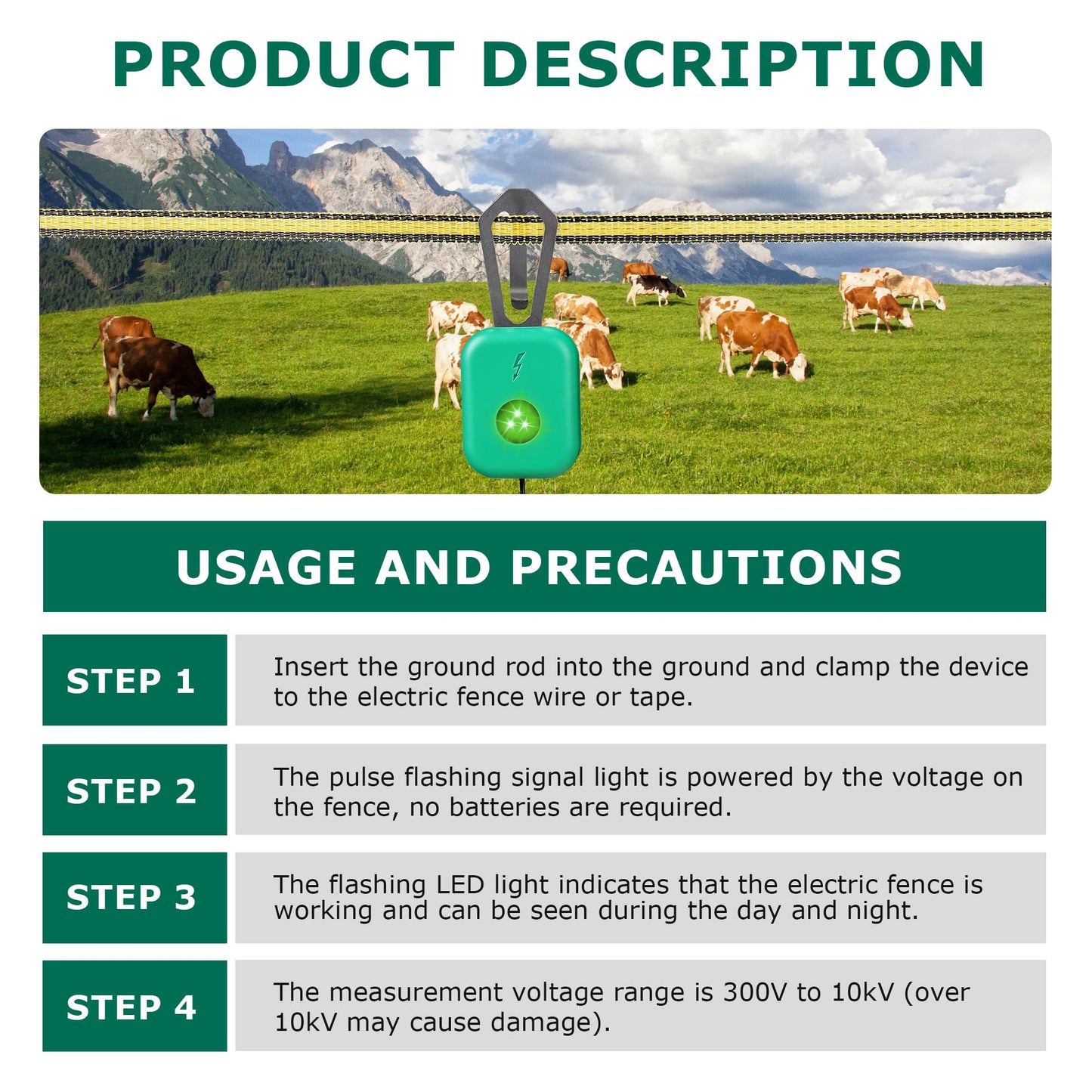 Electric Fence Tester with LED Indicator Lights - 300V to 10kV Range | Detects Energizer Pulses | Clips to Wire or Tape Fences
