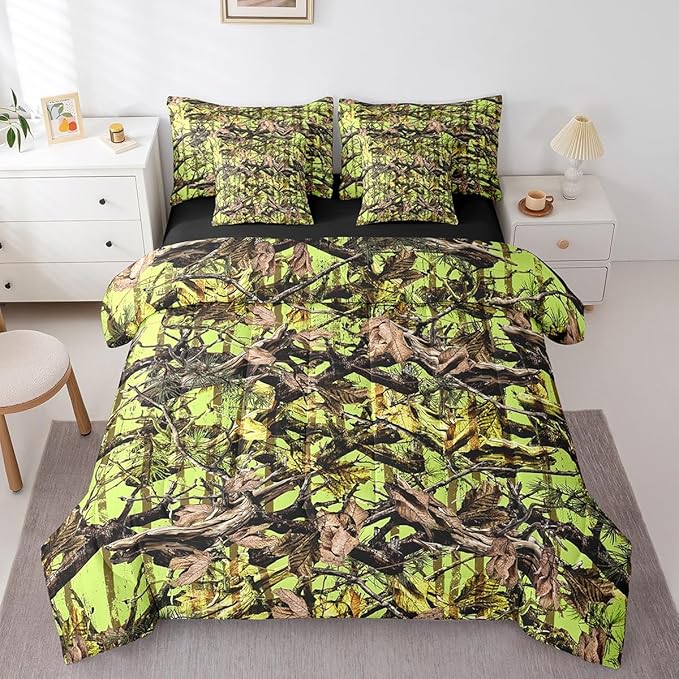 Feelyou Tree Branches 7 Pieces Bedding Set, for Kids Wild Hunting Leaf Bed Set Queen Size Botanical Tree Bed in a Bag with Comforter, Sheets, Pillowcases Bedroom Decor Nature Theme Neon Green Brown
