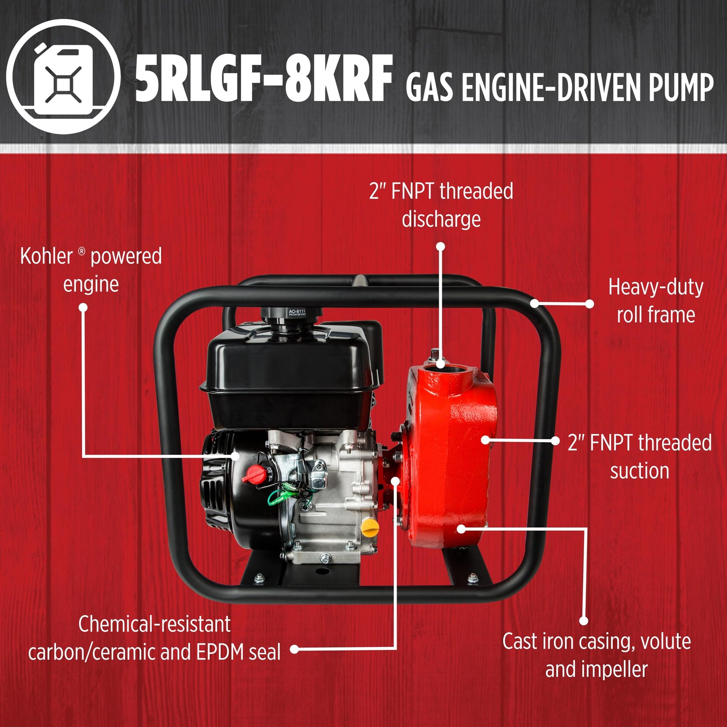 Red Lion 5RLGF-8KRF 196cc, 170 GPM, Cast Iron Kohler Gas Engine-Driven Agricultural Chemical Transfer Pump, Red, 617032