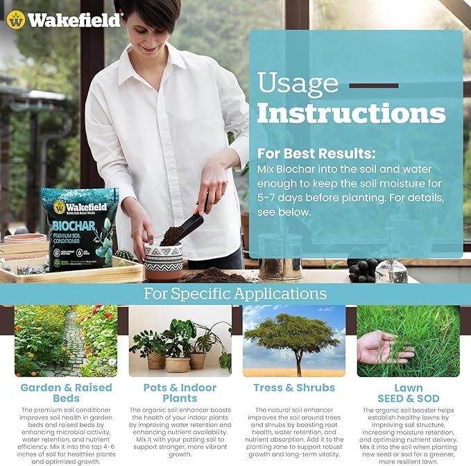 Wakefield Premium Organic Biochar Soil Amendment & Soil Conditioner – Certified Carbon-Negative Nutrient-Locking, Water-Efficient Bio Char for Plants & Lawns - Soil Amendments for Lawn - 1 CF