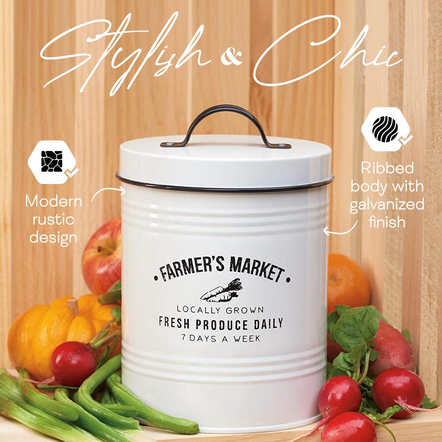 Amici Home Farmers Market Metal Canister | Dry Food Storage Container | Airtight Lid | 76 Ounce Capacity | Farmhouse Décor | Metal Canister for Kitchen Countertop