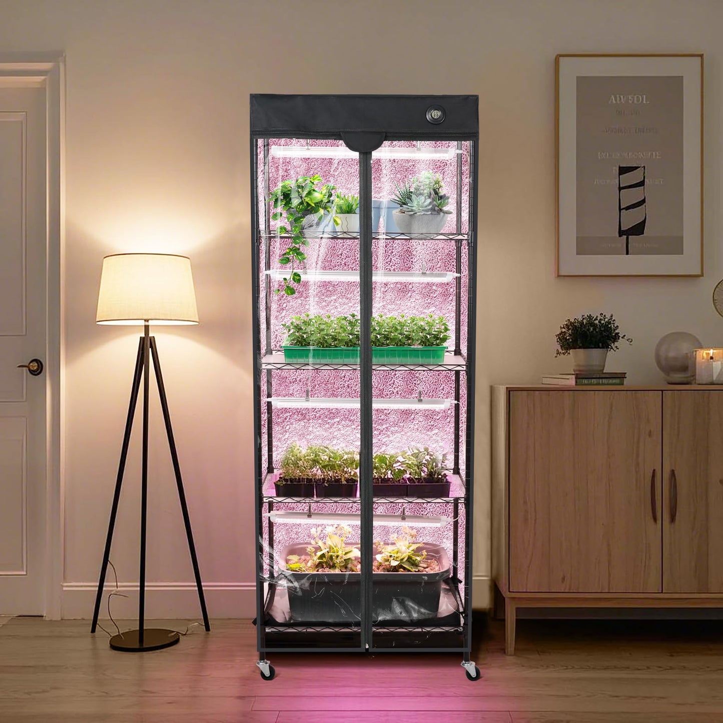 WORTH Mini Greenhouse with LED Grow Lights & Digital Thermo-Hygrometer – Portable Indoor Plant Grow Tent with Oxford Fabric Cover, Adjustable Shelves, Casters & Ventilation Flaps for Seed Starting