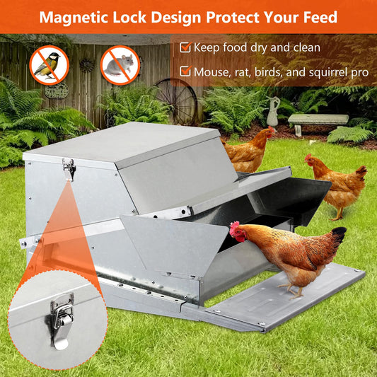 Automatic Chicken Treadle Feeder, 27 LB Large Galvanized Steel Poultry Feeder, Outdoor Use, No Waste, 10 Chickens for 11 Days, Metal Chicken Feeder Kit Suits Duck, Bantams, Pheasants