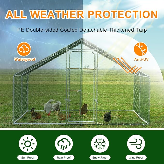 Chicken Coop Large Metal Chicken Run, Outdoor Walk-in Poultry Spire Roof Cage with Chicken Perch for Hen House, Duck Coop and Rabbit Run, Silver (9' L x 13.1' W x 6.56' H)