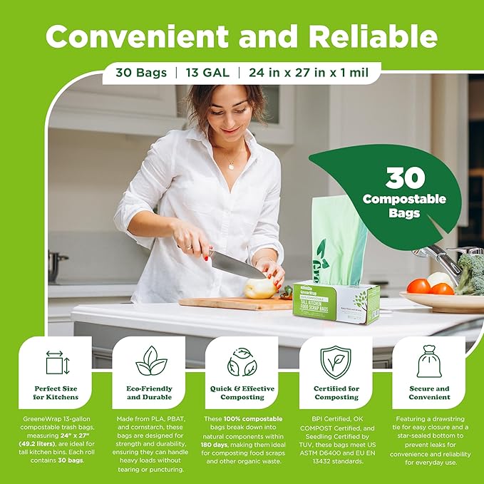 13 Gallon Compostable Trash Bags Liner with Drawstring, Heavy Duty Extra Thick 1 Mil, 49.21 Liter, 30 Bags, Tall Kitchen Food Scrap Waste Bag, BPI and OK Compost Home Certified, ASTM D6400