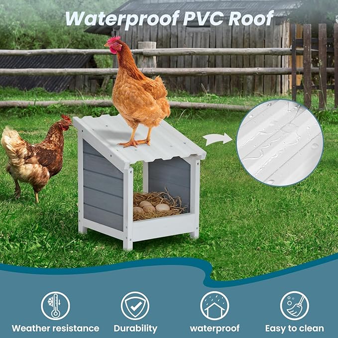 PETSFIT Nesting Boxes for Chicken Coop, Wood Single Compartment Chicken Nesting Boxes for Laying Eggs with PVC Roof for Hens, Ducks, and Poultry