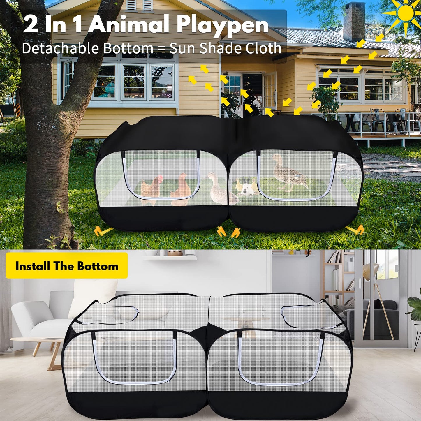 Small Animal Playpen, Portable Chicken Run Coop with Detachable Bottom and Breathable Mesh Walls, Foldable Pet Enclosure for Puppy Kitten Rabbits, Pet Tent Indoor Outdoor