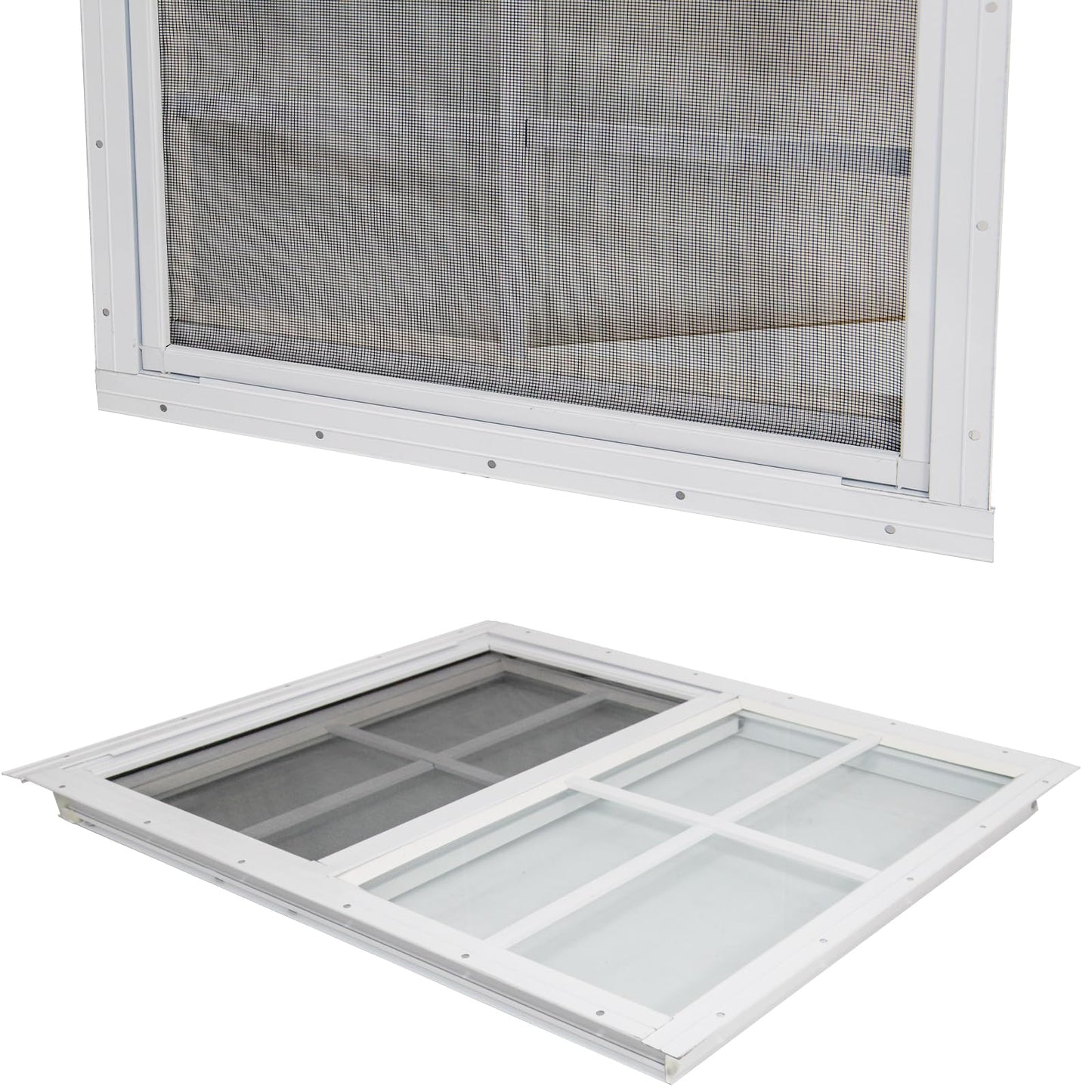 Yuzzy 24" x 36" Shed Windows with Tempered Glass and Fiberglass Screen, 2 Pack Small Sliding Windows for Shed, Chicken Coop, Playhouse, Household, Garage, Barns (White)