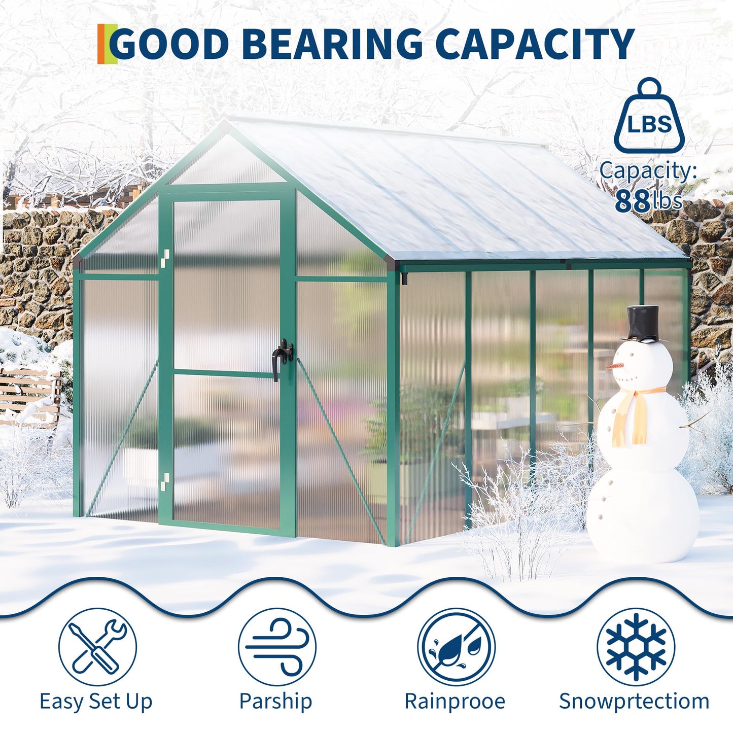 6x10 FT Greenhouse, Easy Assembly Aluminum Polycarbonate Greenhouses for Outdoors with Roof Vent and Ground Nails, Heavy Duty Aluminum Walk-in Greenhouse for Backyard, Sliding Lockable Door, Green