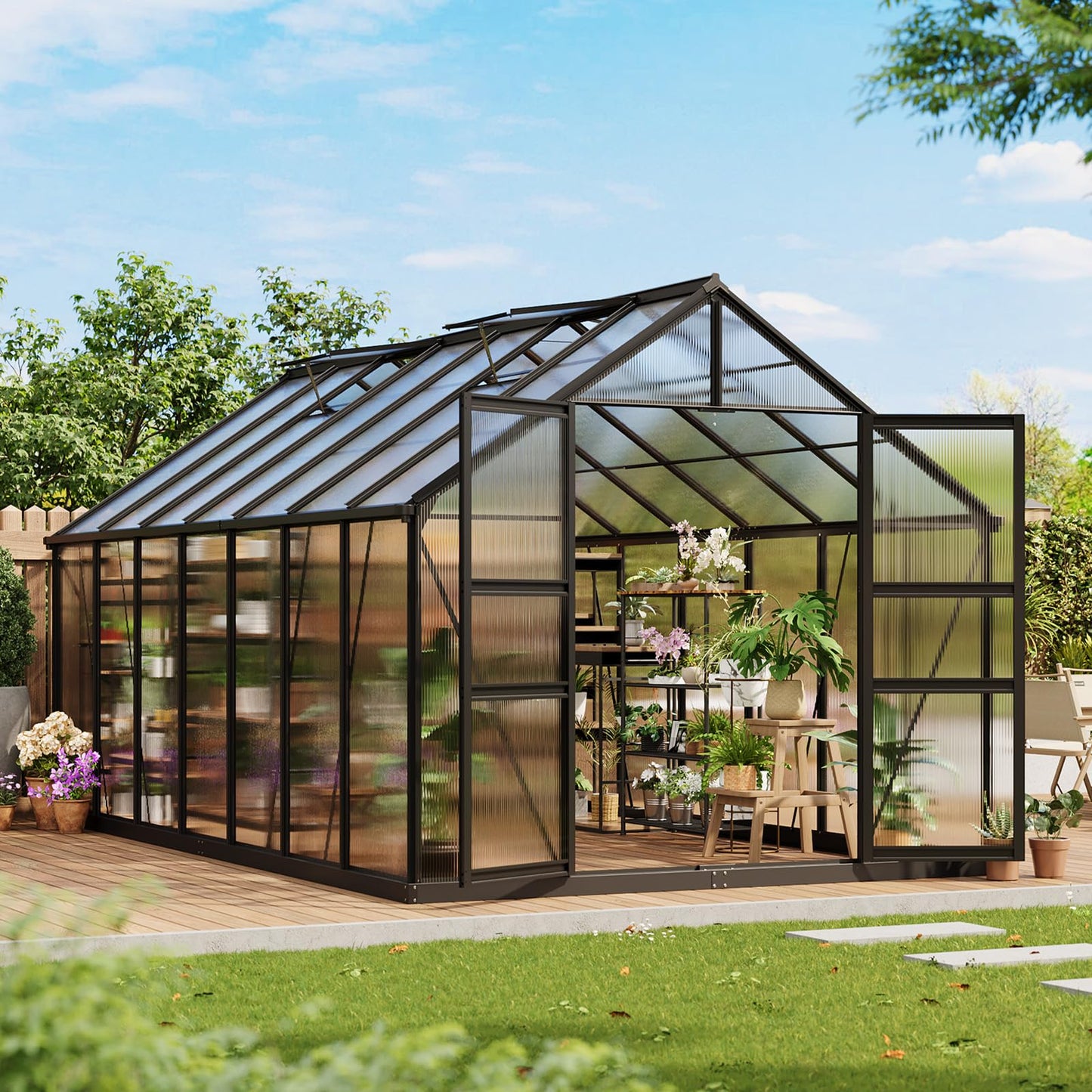 Garvee 8x14 FT Greenhouse, Easy Assembly Polycarbonate Greenhouses for Outdoor with Adjustable Roof Vent, Large Aluminum Walk-in Greenhouse with Lockable Hinged Door for Patio, Backyard, Garden, Black