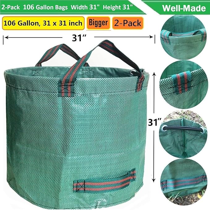Professional 2-Pack 106 Gallon Large Lawn Garden Bags (D31, H31 in) Yard Waste Bags with Gardening Gloves, Big Leaf Bag,Yard Debris Bags,Garden Trash Container,Lawn Grass Clippings,Weeds Bag 4 Handles