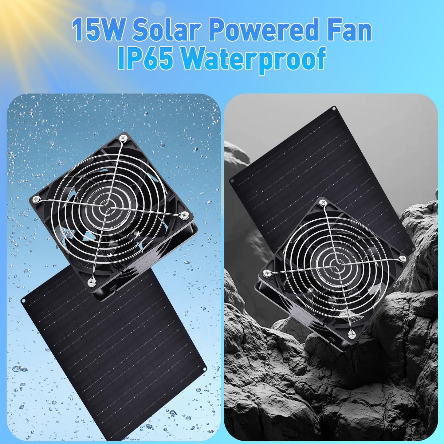 HASDSAGY Solar Powered Fan, Solar Panel Fan 15W Solar Ventilation Exhaust Fan Waterproof for Outdoor Shed Chicken Coops Greenhouse Doghouses Pet House for Intake or Exhaust Air Cooling